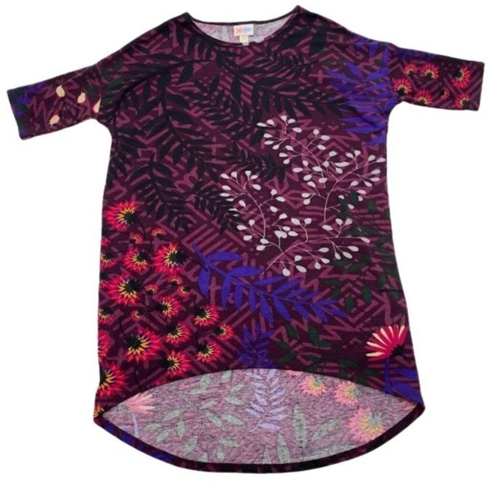 LuLaRoe Irma Tunic High Low Purple Black Gray Floral Leaves Top XXS